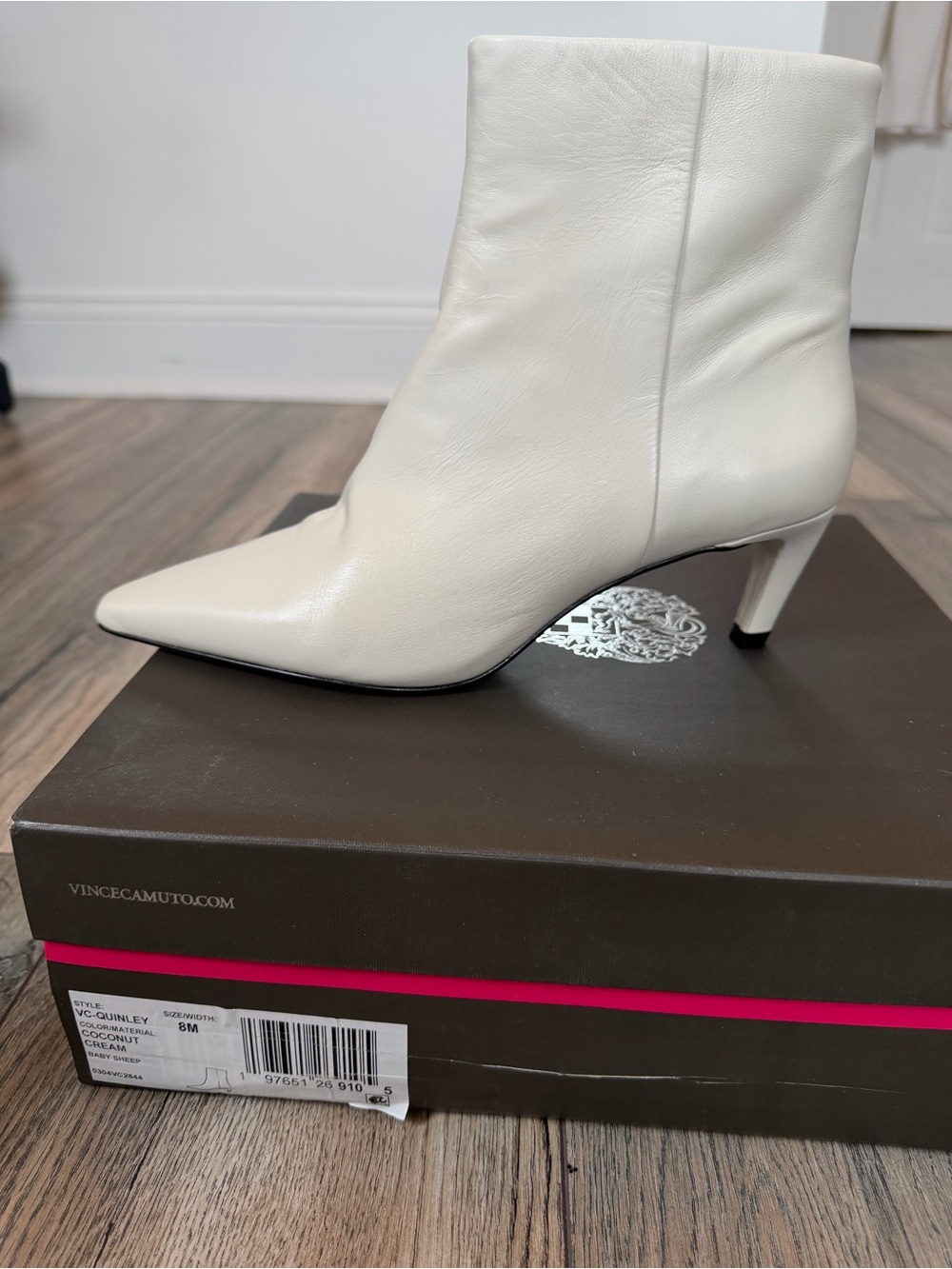 Vince Camuto Off-White Leather Pointed Toe Ankle Boots